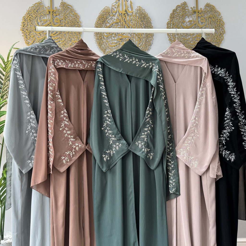 Ramsa Detailed Floral Embroidery Sleeve Open Abaya with Button and Floral Embroidery on Scarf for Women's Fashion