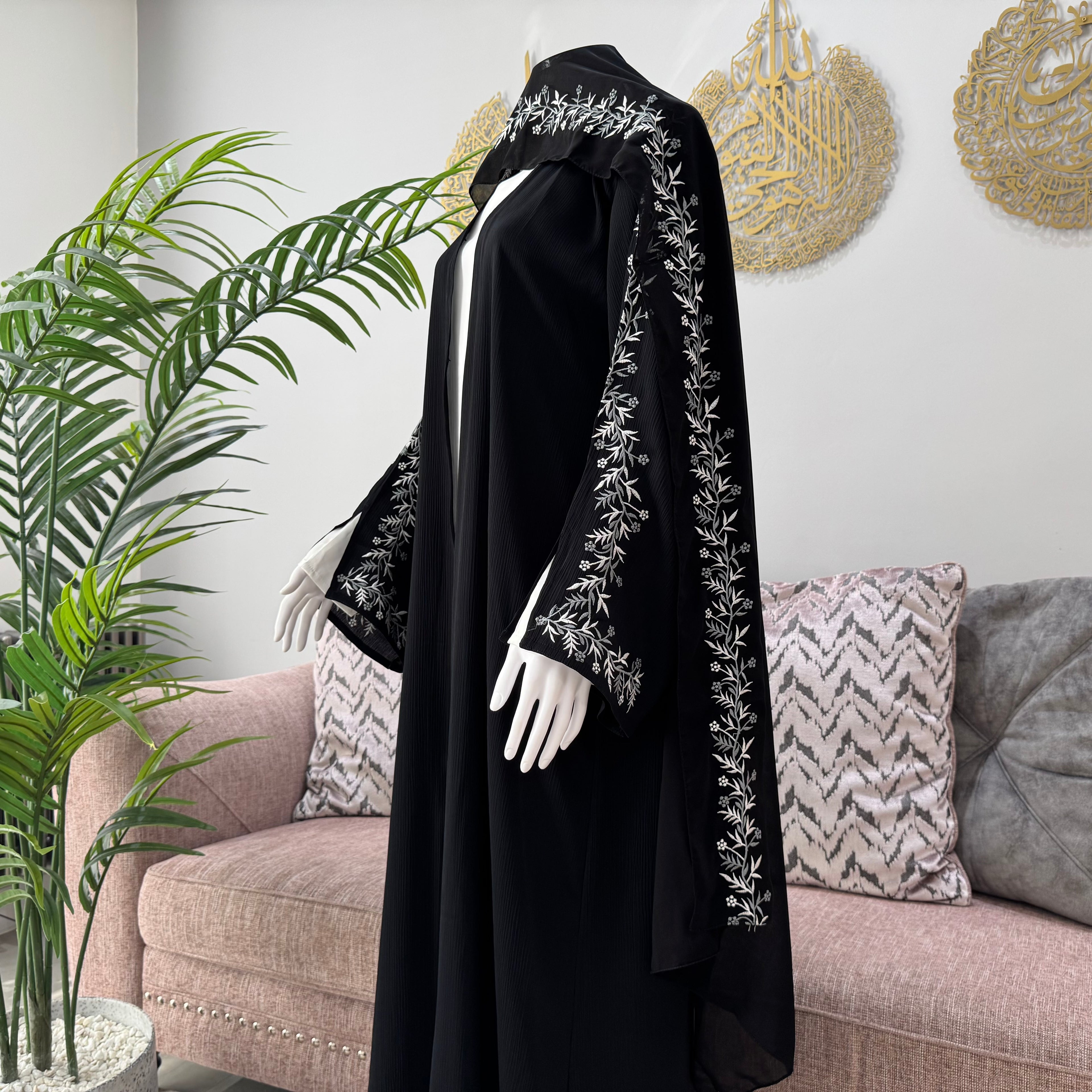 Ramsa Detailed Floral Embroidery Sleeve Open Abaya with Button and Floral Embroidery on Scarf for Women's Fashion