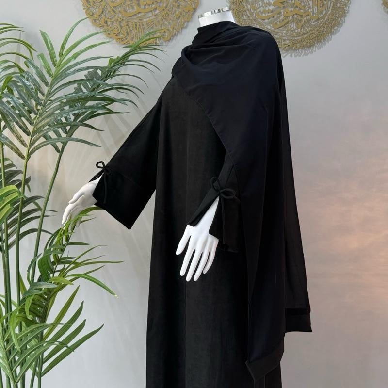Suede bow tie design abaya with pockets belt and scarf included perfect for autumn and winter