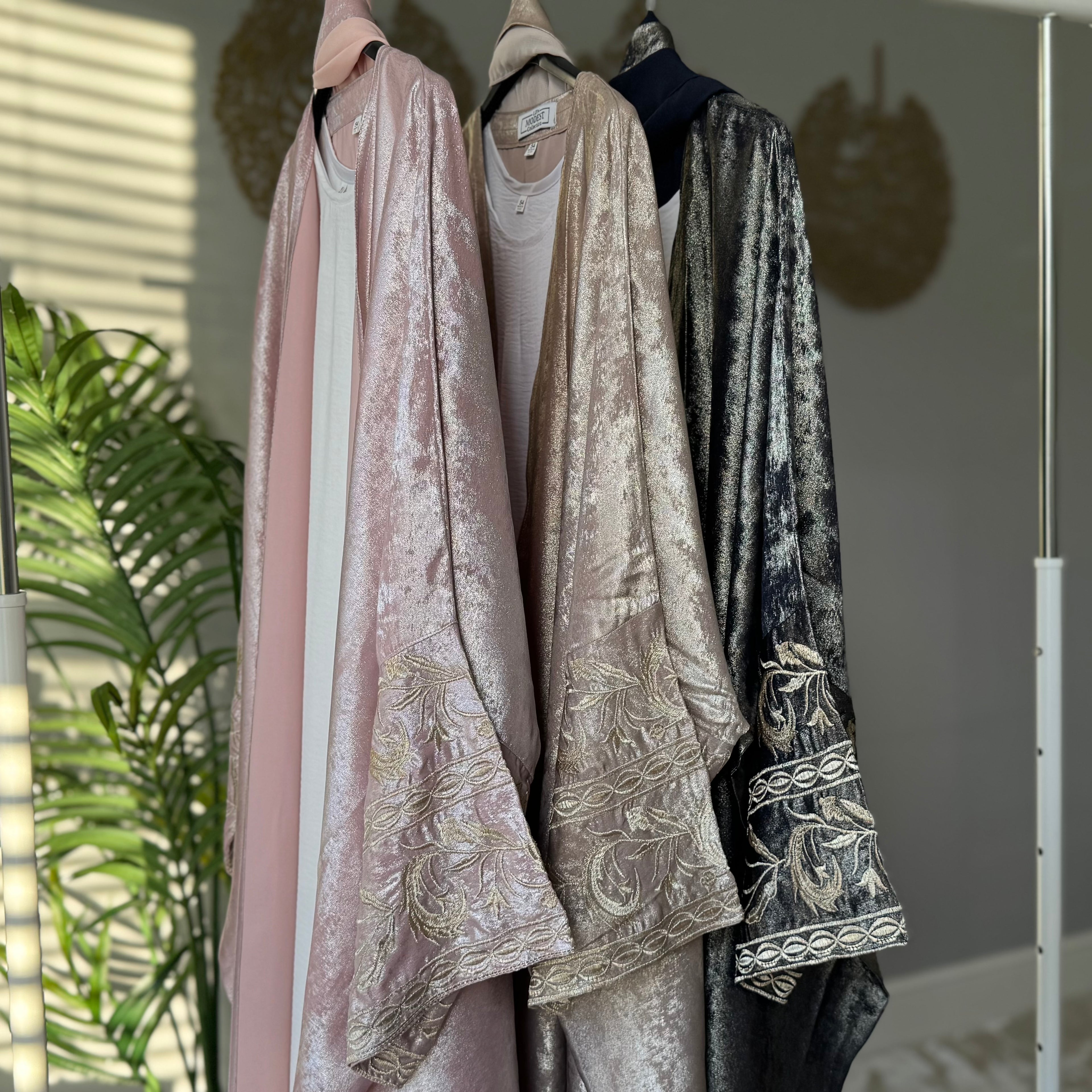 AISHA - Foil Material Embroidery Sleeves Kaftan Abaya with Inner, Scarf, & Belt
