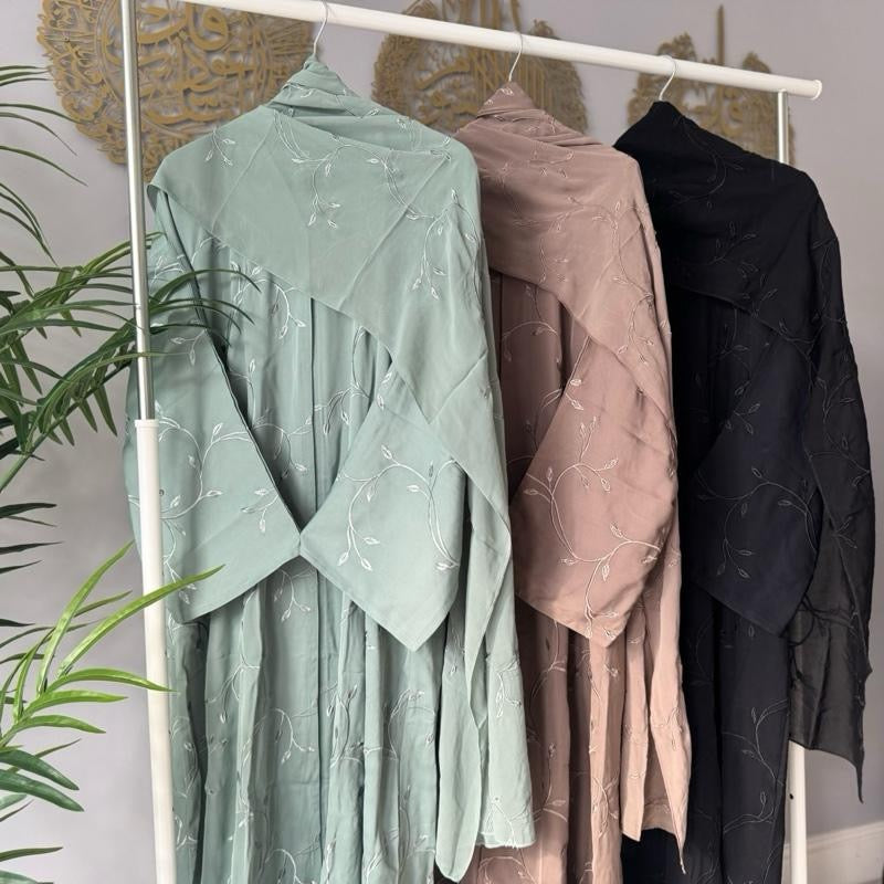 TAYIBAH - Straight Cut Full Front & Back Embroidery Open Abaya with Button. Full Embroidery Scarf & Matching Belt Included