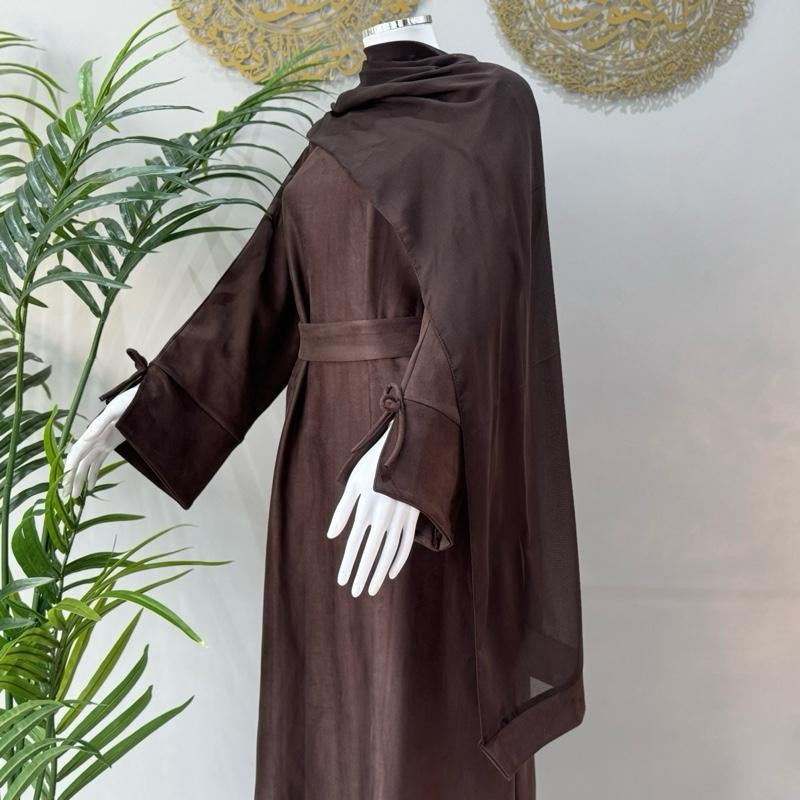 Suede bow tie design abaya with pockets belt and scarf included perfect for autumn and winter