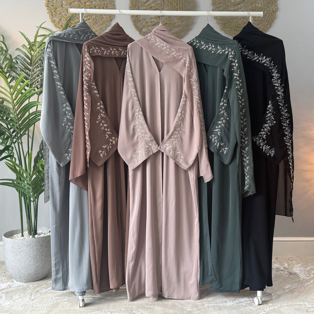 Ramsa Detailed Floral Embroidery Sleeve Open Abaya with Button and Floral Embroidery on Scarf for Women's Fashion