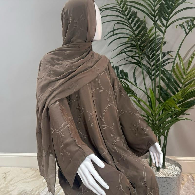 TAYIBAH - Straight Cut Full Front & Back Embroidery Open Abaya with Button. Full Embroidery Scarf & Matching Belt Included