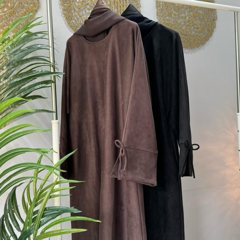 Suede bow tie design abaya with pockets belt and scarf included perfect for autumn and winter