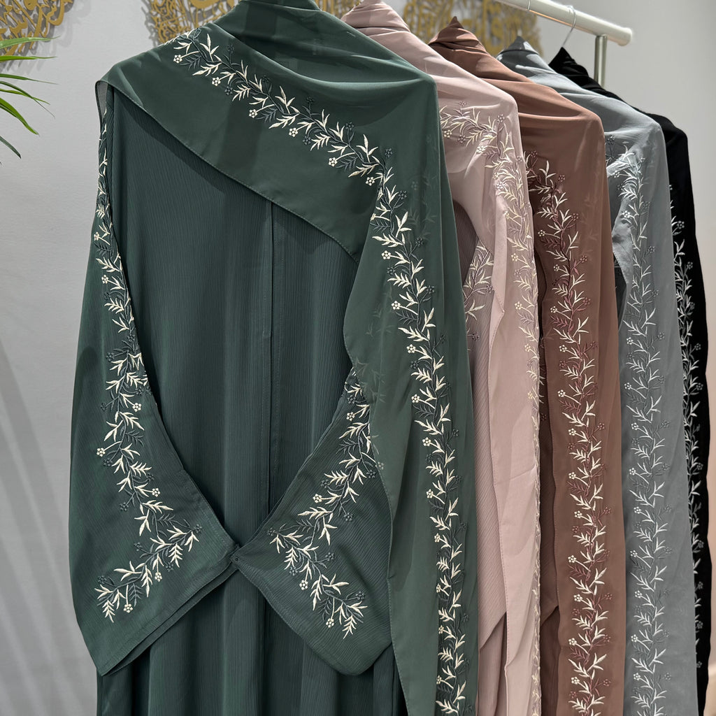 Ramsa Detailed Floral Embroidery Sleeve Open Abaya with Button and Floral Embroidery on Scarf for Women's Fashion