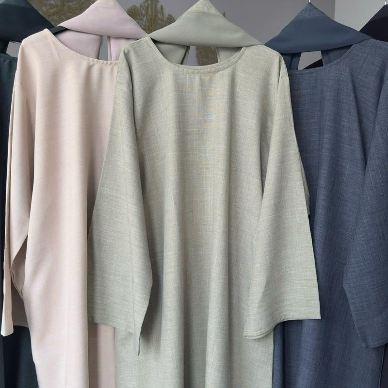 Linen Pocket Closed Abaya With Scarf & Belt For Work Uni Holiday Everyday Use Premium High Blend Linen Fabric Lightweight Breathable Comfortable