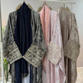 AISHA - Foil Material Embroidery Sleeves Kaftan Abaya with Inner, Scarf, & Belt