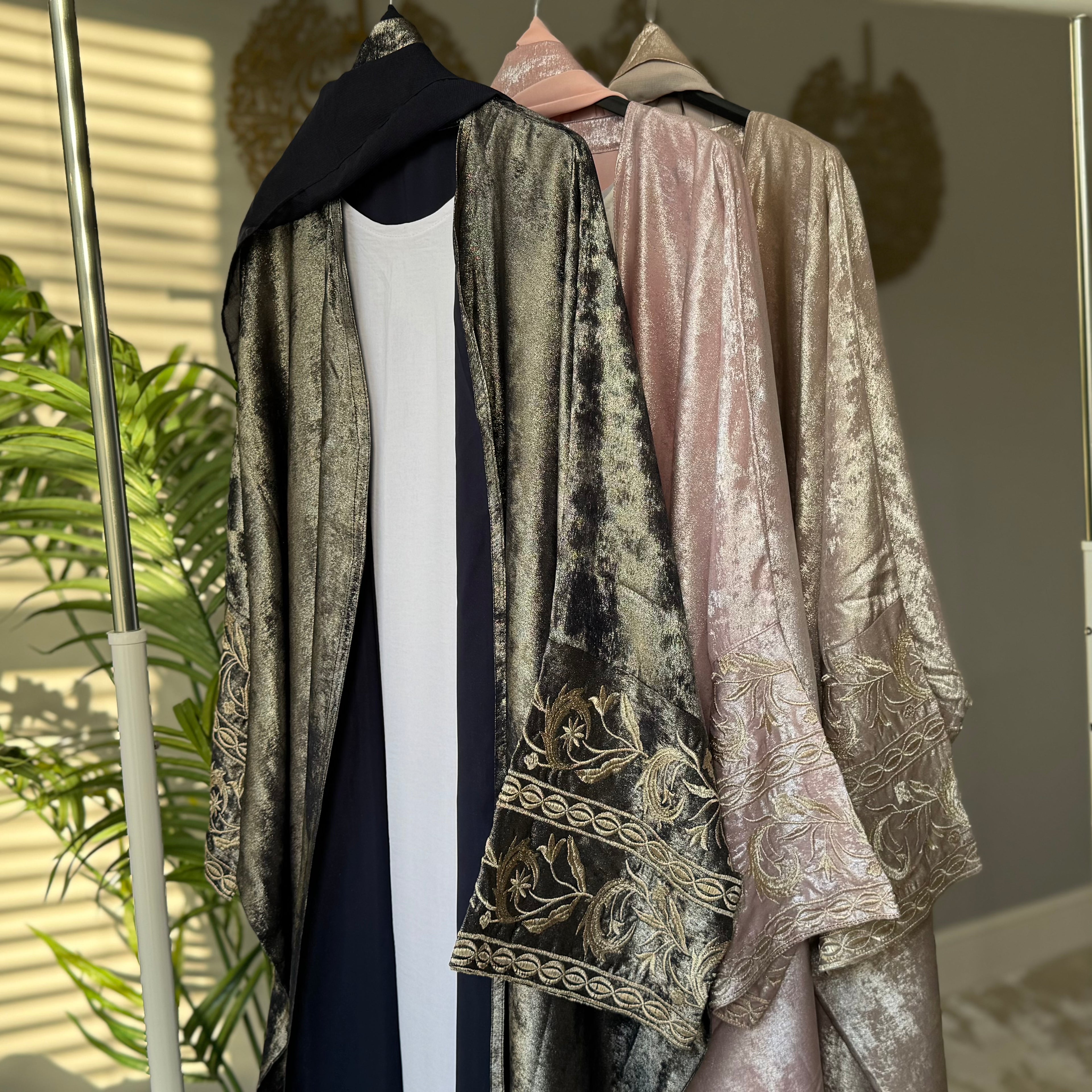 AISHA - Foil Material Embroidery Sleeves Kaftan Abaya with Inner, Scarf, & Belt