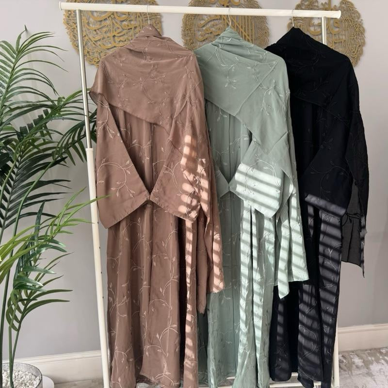 TAYIBAH - Straight Cut Full Front & Back Embroidery Open Abaya with Button. Full Embroidery Scarf & Matching Belt Included