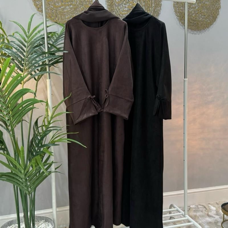 Suede bow tie design abaya with pockets belt and scarf included perfect for autumn and winter