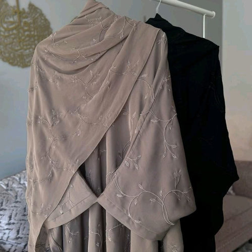 HANA - Batwing Cut Full Front & Back Embroidery Open Abaya with Button With Full Embroidery Scarf