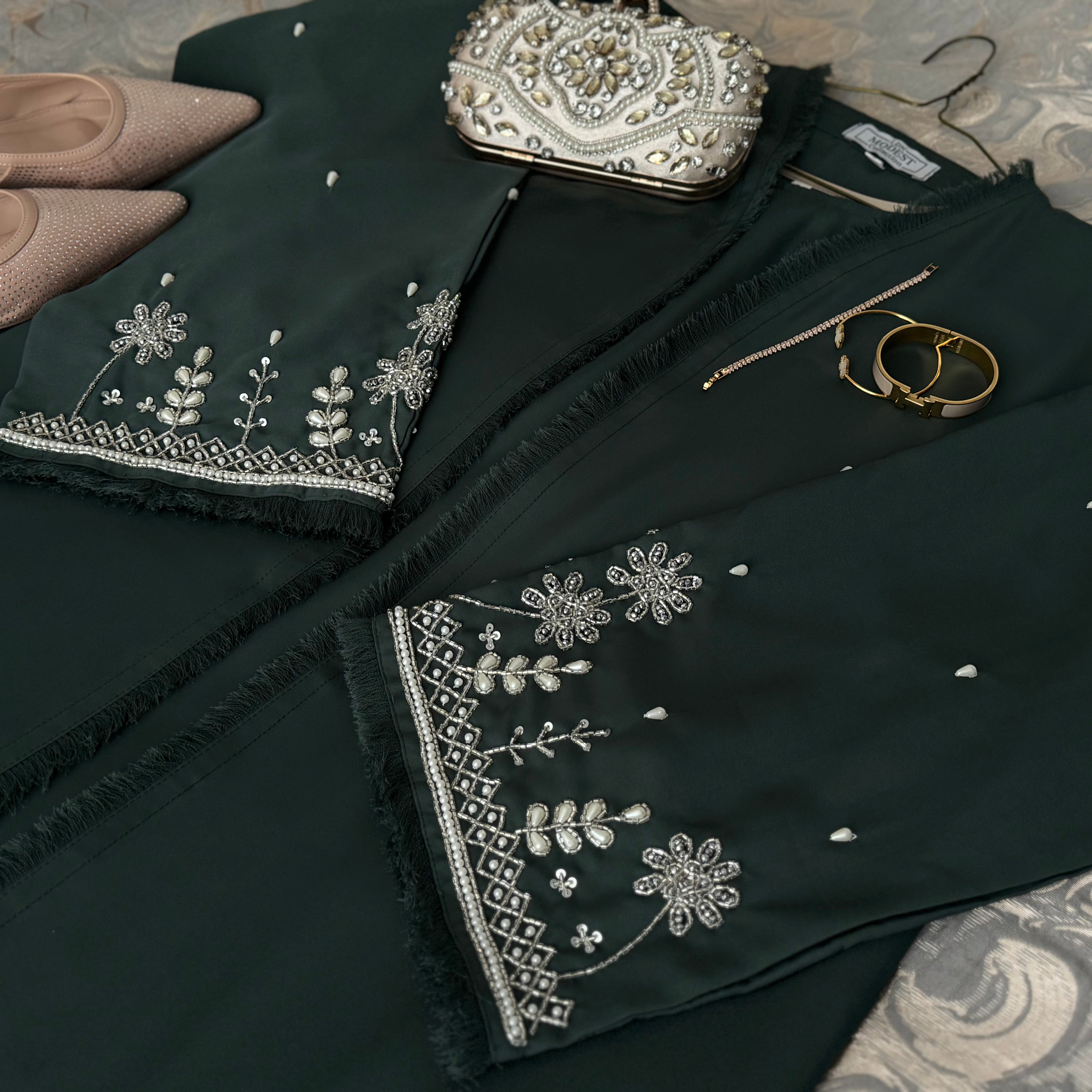 SULTANA - Luxury 4 Piece Sleeve Embellishment Abaya with Inner Belt and Scarf Included
