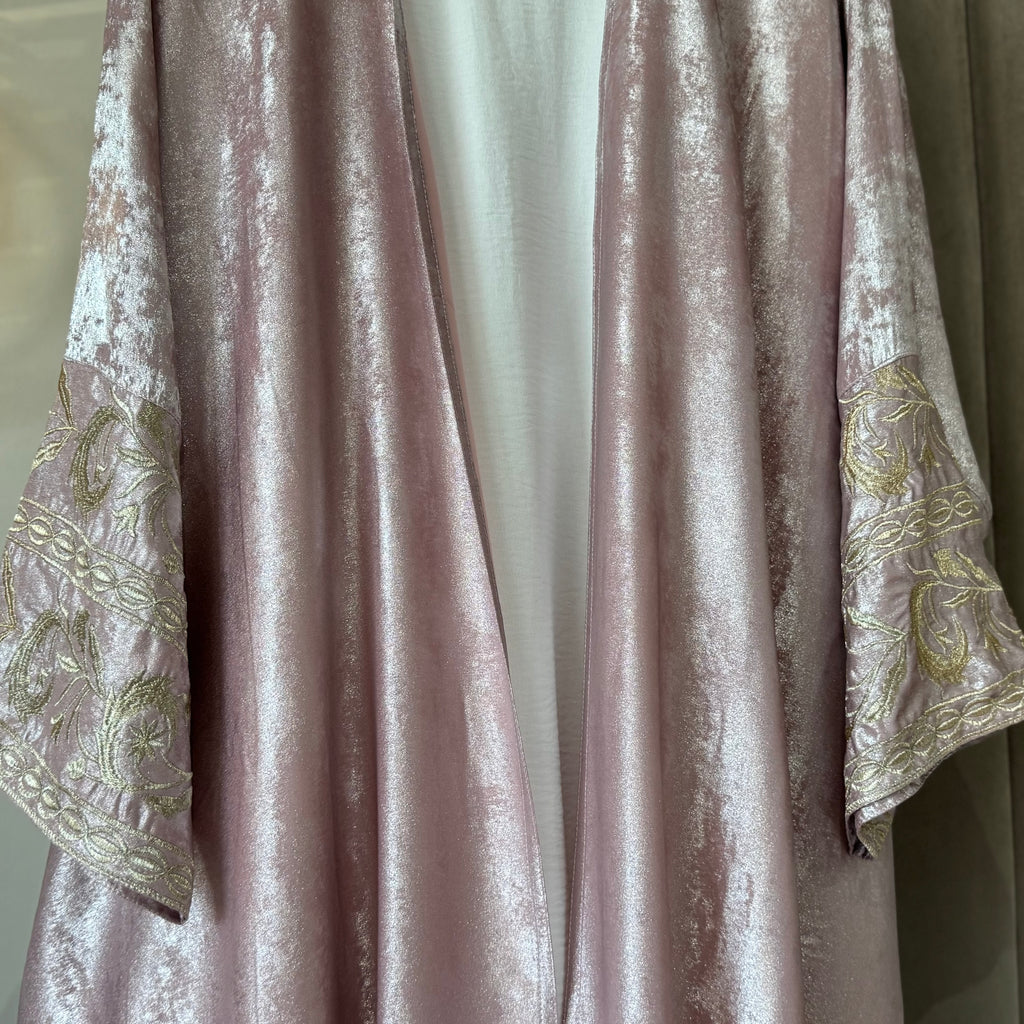 AISHA - Foil Material Embroidery Sleeves Kaftan Abaya with Inner, Scarf, & Belt