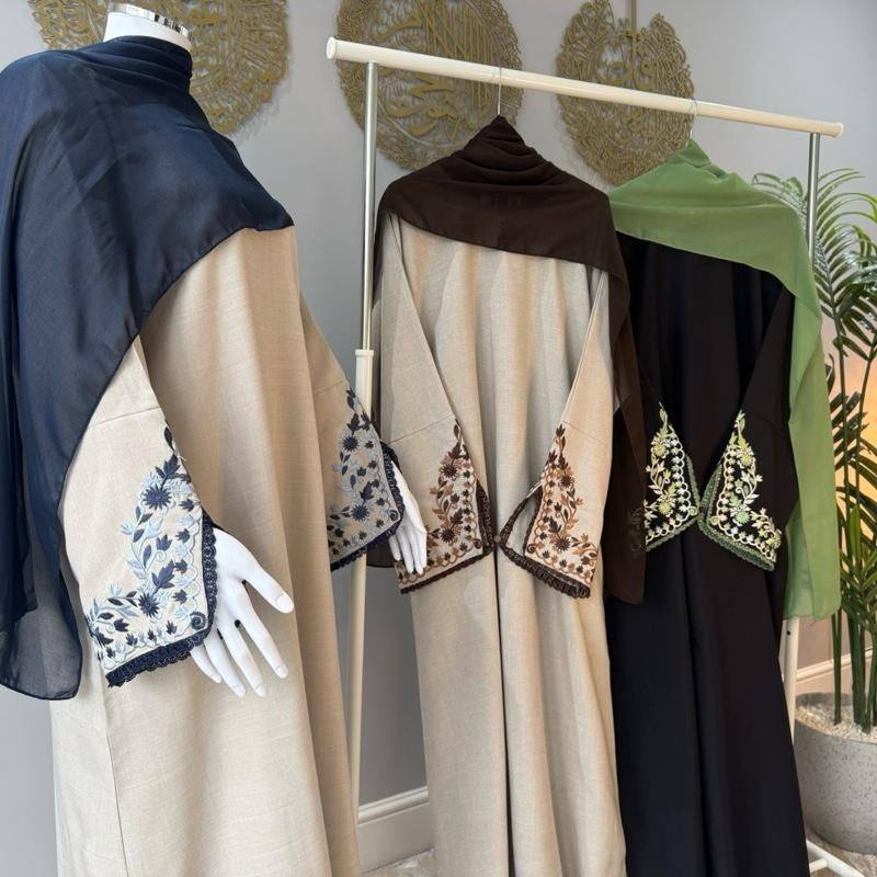 Humaira - Linen Embroidery Split Sleeve Lace Details Closed Abaya