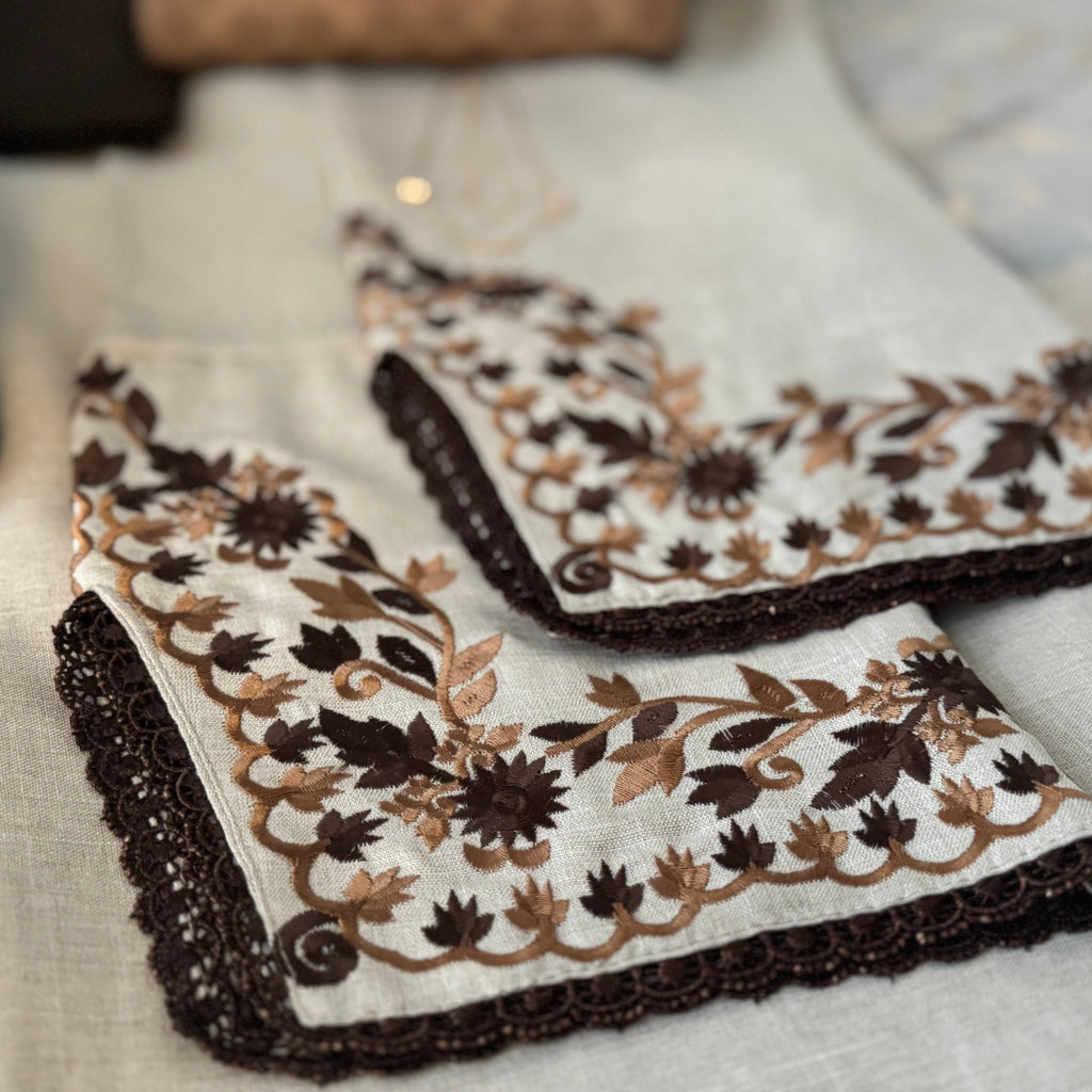 Humaira - Linen Embroidery Split Sleeve Lace Details Closed Abaya