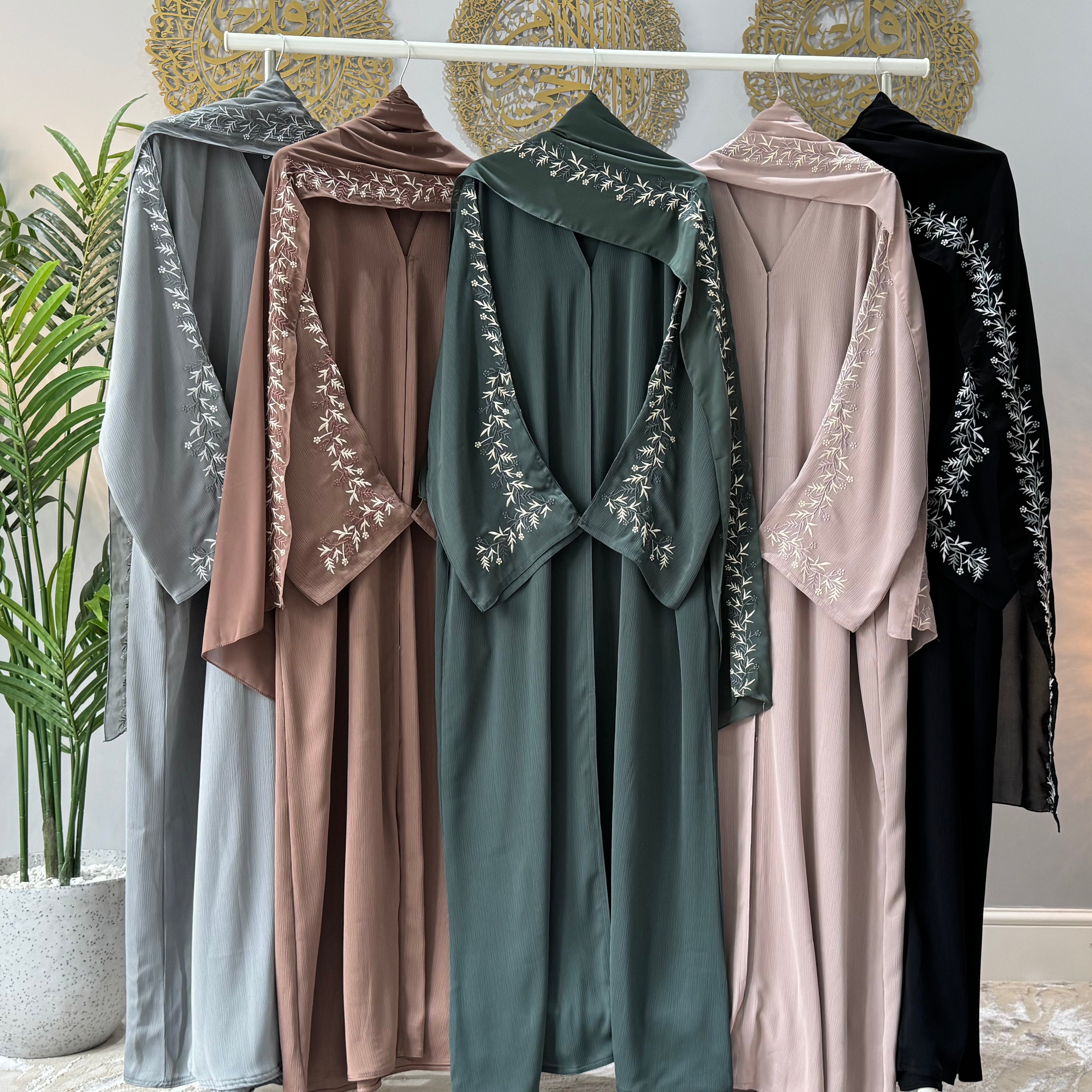 Ramsa Detailed Floral Embroidery Sleeve Open Abaya with Button and Floral Embroidery on Scarf for Women's Fashion