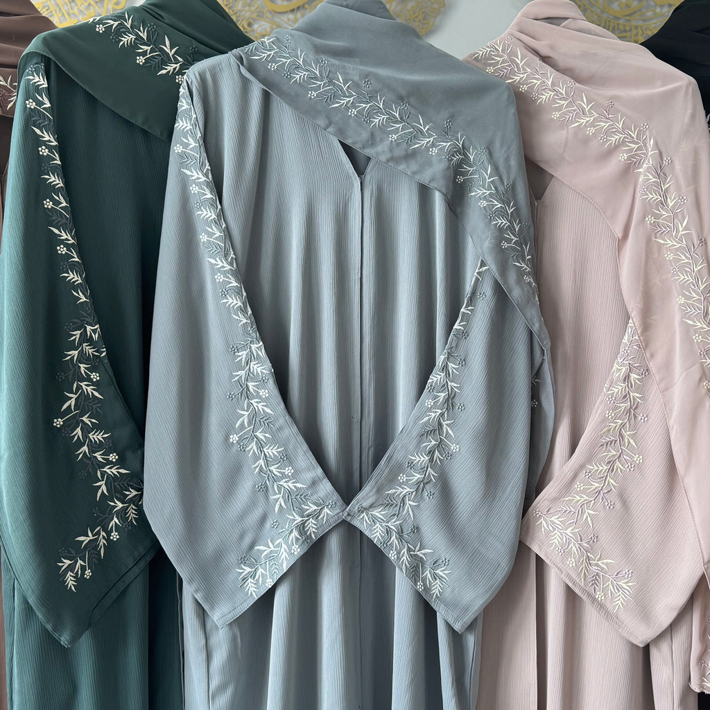 Ramsa Detailed Floral Embroidery Sleeve Open Abaya with Button and Floral Embroidery on Scarf for Women's Fashion