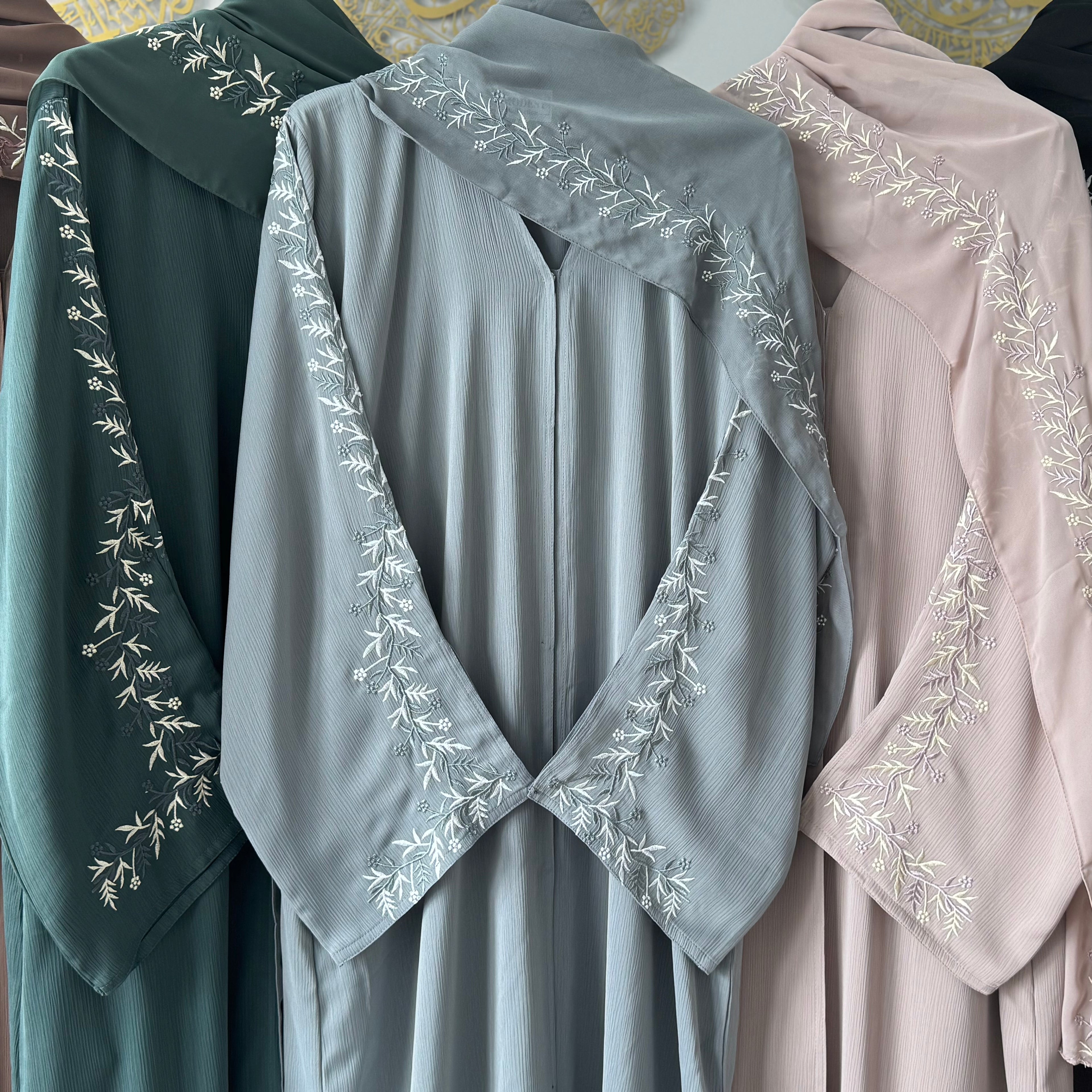 Ramsa Detailed Floral Embroidery Sleeve Open Abaya with Button and Floral Embroidery on Scarf for Women's Fashion