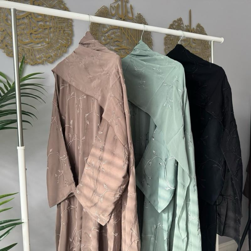 TAYIBAH - Straight Cut Full Front & Back Embroidery Open Abaya with Button. Full Embroidery Scarf & Matching Belt Included