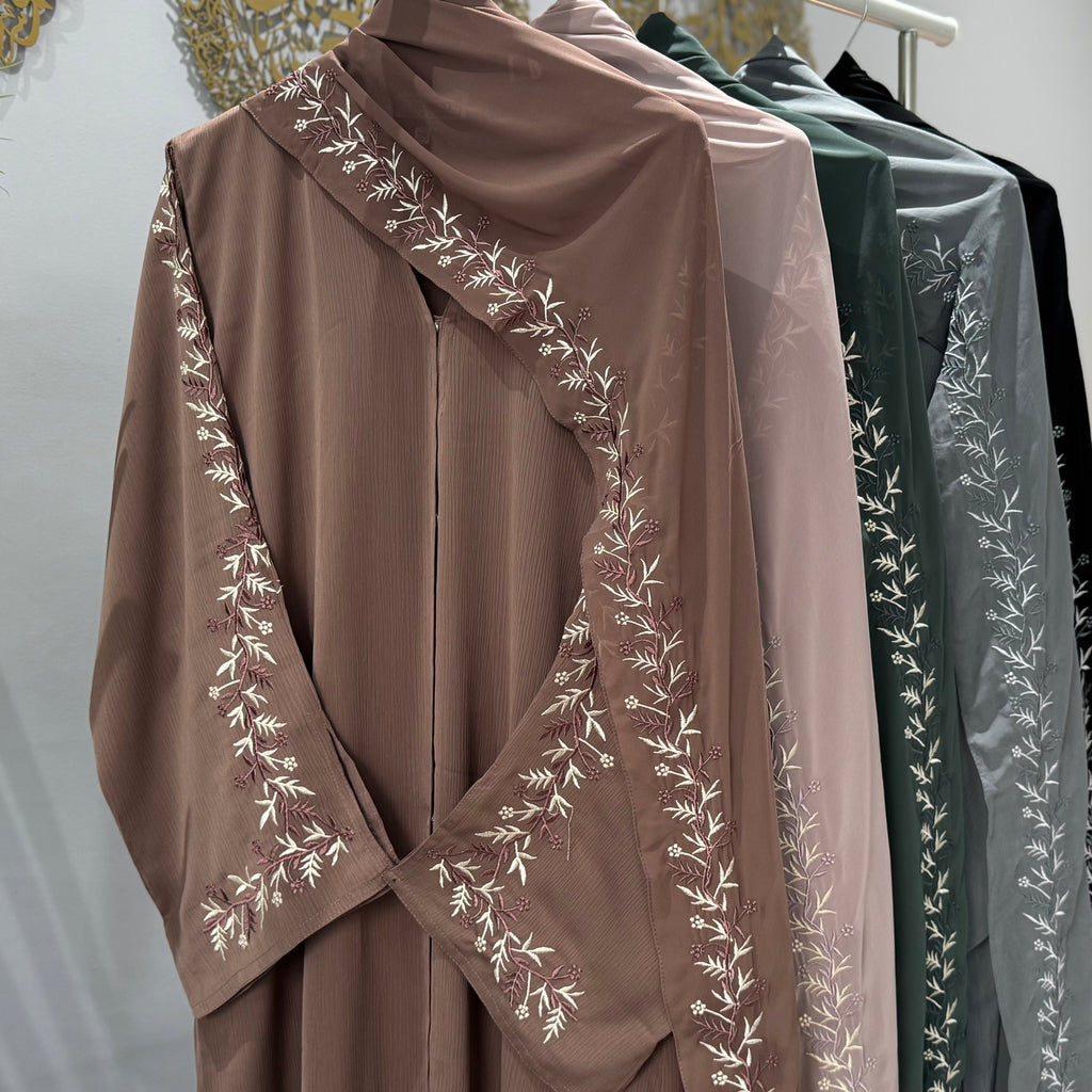 Ramsa Detailed Floral Embroidery Sleeve Open Abaya with Button and Floral Embroidery on Scarf for Women's Fashion
