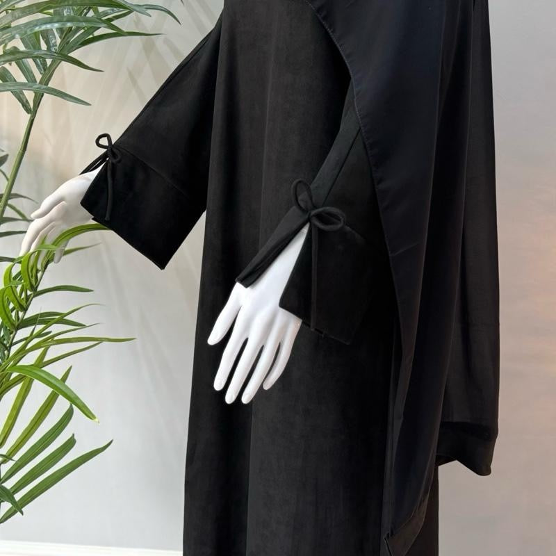 Suede bow tie design abaya with pockets belt and scarf included perfect for autumn and winter