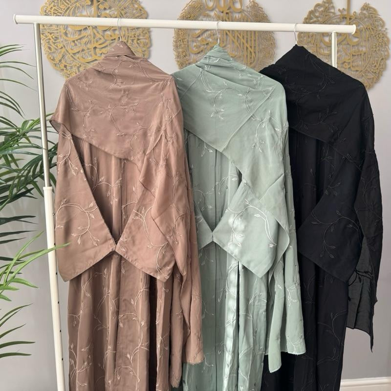 TAYIBAH - Straight Cut Full Front & Back Embroidery Open Abaya with Button. Full Embroidery Scarf & Matching Belt Included