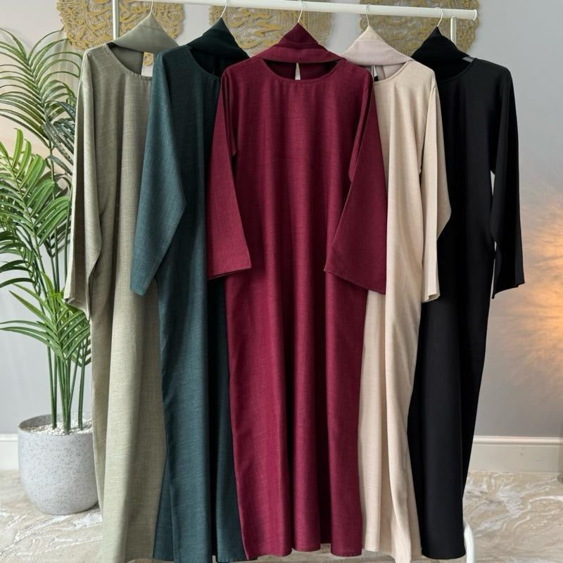 Linen Pocket Closed Abaya With Scarf & Belt For Work Uni Holiday Everyday Use Premium High Blend Linen Fabric Lightweight Breathable Comfortable